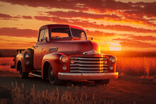 Red Truck At Sunset - Generative AI