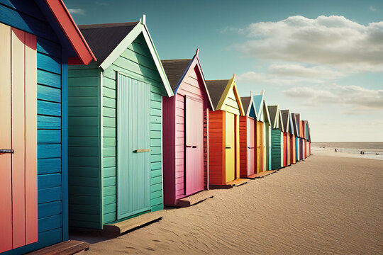 row of colorful beach huts on a sandy beach with a pier in the distance - generative ai