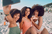 Summer, Beach And Friends Taking A Selfie With Phone Enjoy Holiday, Vacation And Weekend Getaway. Travel, Happiness And Group Of Black Women Smile For Picture On Adventure, Freedom And Fun By Ocean
