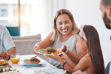 Wall Mural - Food, family and children with a mother and daughter eating a meal around a dinner table for celebration. Health, diet and nutrition with a woman and girl enjoying lunch together in their home