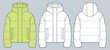 © Liubov Hladka - Unisex quilted padded Jacket technical fashion Illustration. Hooded down Jacket technical drawing template, crop, pocket, front and back view, white, yellow, women, men, unisex CAD mockup set.