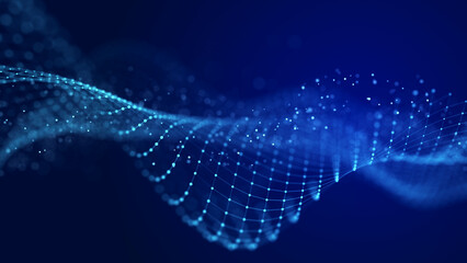 Poster - Big data visualization. The musical stream of sounds. Abstract background with interweaving of dots . 3D rendering.