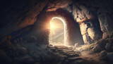 Fototapeta  - Crucifixion and Resurrection. He is Risen. Empty tomb of Jesus with crosses in the background and cinematic lighting. Ai generated image