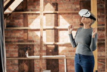 Poster - Virtual reality, metaverse and construction with a woman designer planning a home improvement with technology. Future, ai and 3d with a female architect using a vr headset on a building site