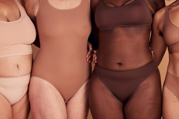 diversity, women and skincare for body positivity, inclusivity and on brown studio background. healt