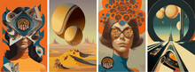 Psychedelic, Abstract And Science Fiction. Vector Illustrations Of Space Objects, People, Planets, Desert, Dreams For A Poster, Background Or Flyer