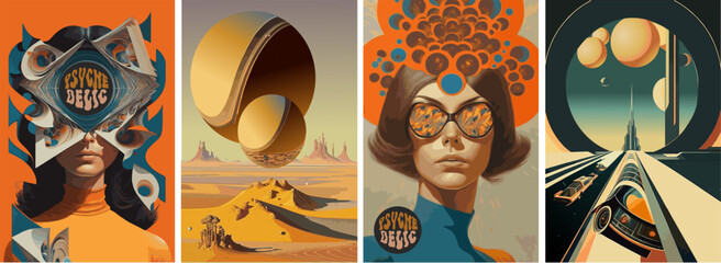 psychedelic, abstract and science fiction. vector illustrations of space objects, people, planets, d
