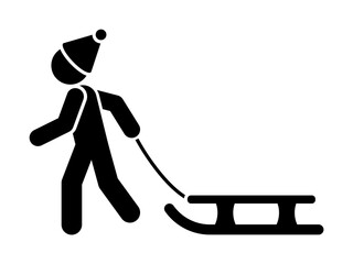 Poster - Child with sled icon. Simple pictogram of winter recreation icons for ui and ux, website or mobile application on white background