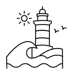 Poster - Lighthouse and waves line icon, outline sign, linear style pictogram isolated on white. Symbol, logo illustration. Editable stroke. Pixel perfect graphics graphics