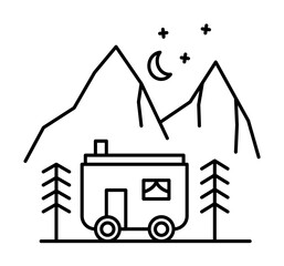 Poster - Motor home in the mountains line icon, outline sign, linear style pictogram isolated on white. Symbol, logo illustration. Editable stroke. Pixel perfect graphics graphics