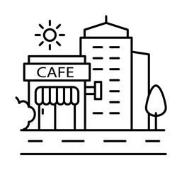 Poster - Landscape city cafe line icon, outline sign, linear style pictogram isolated on white. Symbol, logo illustration. Editable stroke. Pixel perfect graphics graphics