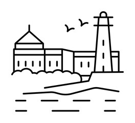 Wall Mural - Marina and lighthouse line icon, outline sign, linear style pictogram isolated on white. Symbol, logo illustration. Editable stroke. Pixel perfect graphics graphics