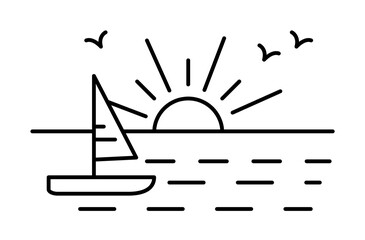 Poster - Sailboat at sunset line icon, outline sign, linear style pictogram isolated on white. Symbol, logo illustration. Editable stroke. Pixel perfect graphics graphics