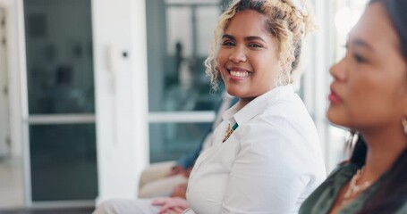 Poster - Woman face, office meeting or business presentation with a worker happy about marketing team. Smile, portrait and female company employee ready for working on corporate strategy in a business meeting