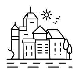 Poster - City landscape line icon, outline sign, linear style pictogram isolated on white. Symbol, logo illustration. Editable stroke. Pixel perfect graphics graphics