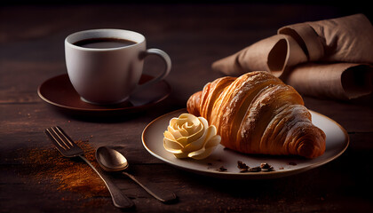 side view of a latte style coffee cup with buns, croissants, and a bakery on a white wooden table.