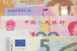 Australian and New Zealand Currency with Chinese and Euro Bank Notes