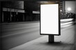 Blank advertising billboard in square outdoor with neon background on sidewalk. Concept of the media with empty screen in electric light. Finest generative AI.