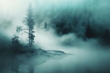  A Foggy Lake Surrounded By Trees In The Middle Of A Forest On A Foggy Day With A Lone Tree In The Foreground.  Generative Ai