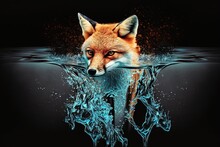  A Red Fox Swimming In A Body Of Water With A Splash Of Water On It's Face And A Black Background With A Splash Of Water.  Generative Ai