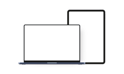 Wall Mural - laptop blue mockup, tablet computer with blank screens, isolated on white background. vector illustr