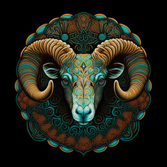 Wall Mural - Colorful detailed ram mandala art on a black background. Created with Generative AI technology.