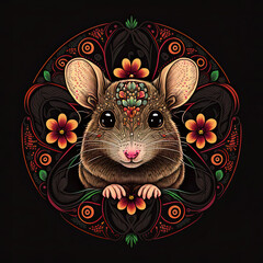 Wall Mural - Colorful detailed mouse or hamster mandala art on a black background. Created with Generative AI technology.