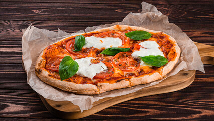 Sticker - Italian pizza with cheese, tomatoes, basil, tomato and cream sauce on a thick dough.