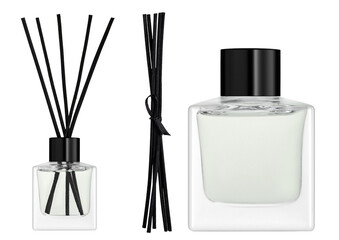 Aroma sticks in glass bottle. Aroma diffuser. Home fragrance. Luxury aromatic reed diffuser glass bottle display on the with white background 