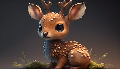 Wall Mural - A cute adorable baby deer rendered in the style of children-friendly cartoon animation fantasy style generative ai