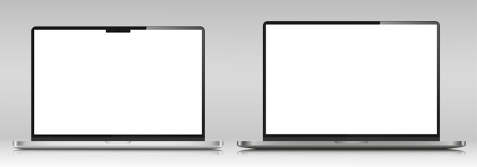 Fototapete - Two laptops with a white screen on a gray gradient background. Realistic laptop layouts in a silver thin metal case. Vector illustration.