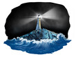 Lighthouse on rocky island in night stormy weather, illustration