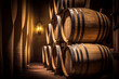 Wine barrels in a old wine cellar. Grape barrels in wine storage. Wooden oak barrels with whiskey in storage. Vintage Wine in an old barrel. Storage of whiskey . Barrel storage of rum, Ai Generative