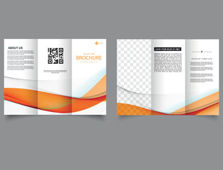 Trifold brochure with yellow waves, transition. Vector editable template. For business.