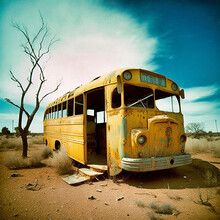 An Old Rusty Abandoned American School Bus - Generative Ai