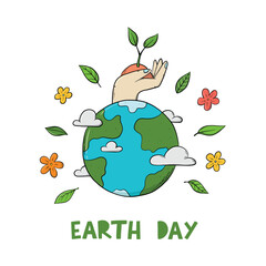 Wall Mural - Earth day lettering quote decorated with planet, leaves and flowers. Good for posters, prints, stickers, sublimation, cards, etc. EPS 10