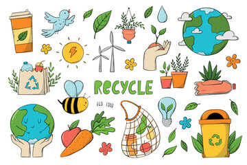 Set of Ecological Sustainability doodles, environment cartoon elements isolated on white background. Ecology doodles. EPS 10