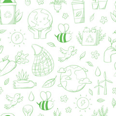 Wall Mural - Environment doodles, ecological sustainability, zero waste seamless pattern with green doodles on white background for wallpaper, scrapbooking, wrapping paper, packaging, etc. EPS 10