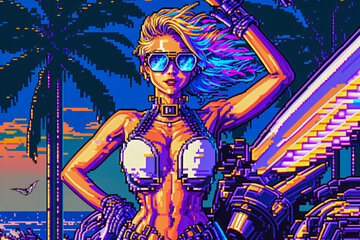 Wall Mural - Attractive girl in bikini clubbing at the hot summer dance party. Style of 1980s games pixelart. Neon light. Palm trees on background. Vacation nightlife.