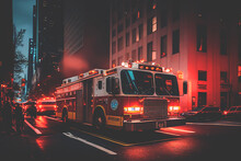 Fire Truck In New York. Firefighters Rescue After Fire Alarm Went Off At Building. Firemen At Apartment Fire. Accodent On Street In NYC, Firefighters And Extinguish Fire, Ai Generative Illustration.