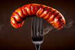 Sausage with smoke on fork. Grilled Sausage on fork. Juicy german sausage on grilled. Barbecue bbq pork.