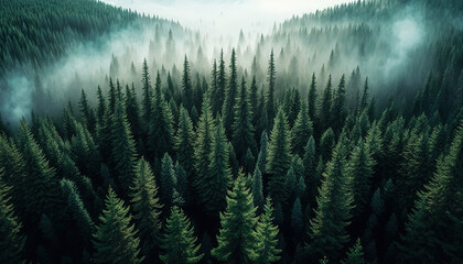 lush boreal forest, dark green woods misty landscape, old spruce, fir and pine aerial top view