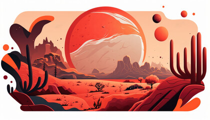 Wall Mural - Expressive flat illustration of Mars, detailed landscape, red and orange color, space mountain, AI 