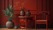 3D render of asian interior design. An antique chinese wooden chair and side table with lucky orange plants in a pot as a tradition new year decoration in a zen style living room. Red maroon wall