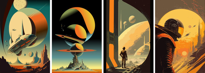 space, astronaut and science fiction. vector illustrations of universe, spaceship, planet, future, f