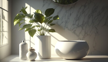 White marble vanity counter top and wall tiles with ceramic wash basin, modern minimal style faucet in bathroom in morning sunlight with house plant shadow. 3D render for product display background