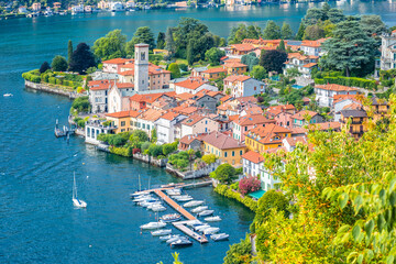 Wall Mural - Idyllic town of Torno on Como lake aerial view