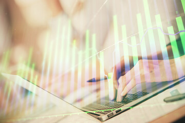 Aufkleber - Double exposure of woman hands typing on computer and forex chart hologram drawing. Stock market invest concept.