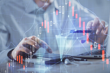 Poster - Double exposure of man hands holding a credit card and Forex graph drawing. Stock trading and digital fintech in Internet E-commerce concept.