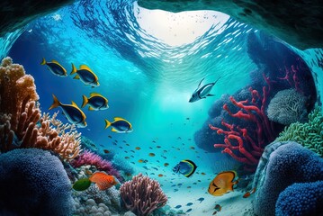 Wall Mural - Beautiful underwater scene of a tropical sea, complete with coral reefs and fish. Generative AI